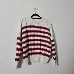 Striped Cable Knit Sweater in Ivory with Red & Navy Stripes Sz L